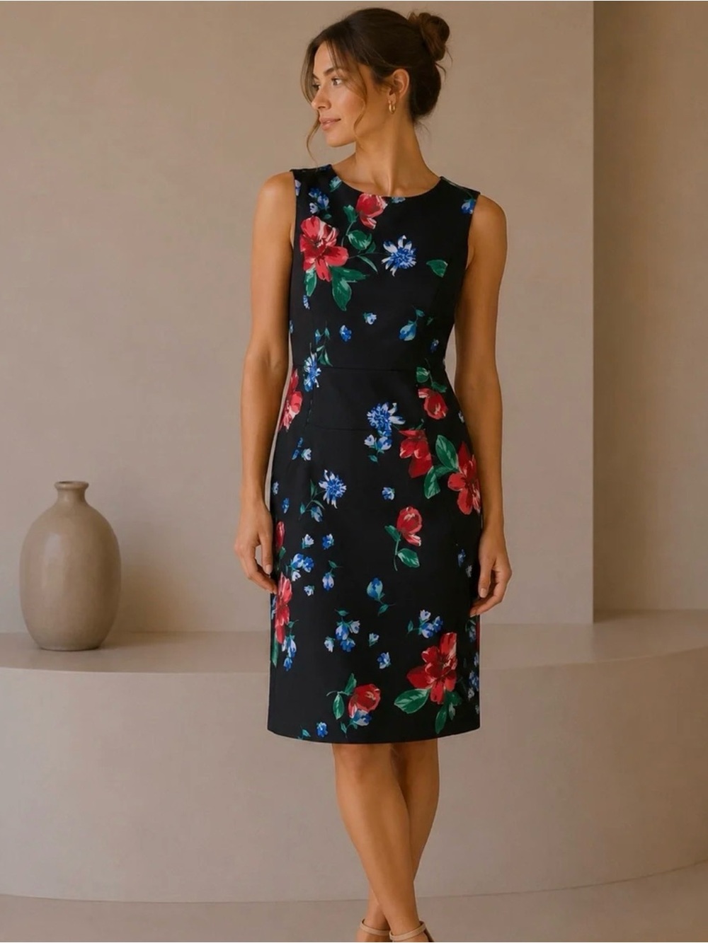 Calvin Klein Black Sleeveless Midi Dress with Red & Blue Floral Print